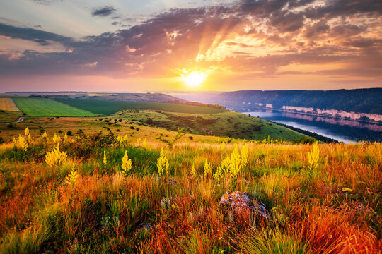 Colorful sunset and blooming meadow in golden evening light near Dniester river.