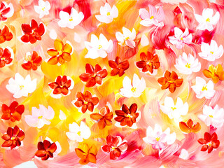 Abstract red and white flowers, original hand drawn acrylic painting, impressionism style, color texture, brush strokes of paint, modern art background. - 785091368