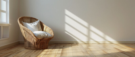 Fototapeta na wymiar Serene Minimalist Interior with Wicker Chair. Sunlit empty room with a single wicker chair.