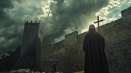 Solemn Monk at Medieval Fortress. A figure in a dark cassock, bearing a cross, stands before an ancient stone fortress under a tumultuous sky, evoking a sense of historical depth and spiritual solemni - obrazy, fototapety, plakaty