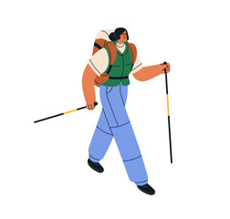 Woman hiker trekking with backpack and walking sticks. Happy tourist going. Female backpacker, climber, explorer in travel, outdoor adventure. Flat vector illustration isolated on white background - 785091758
