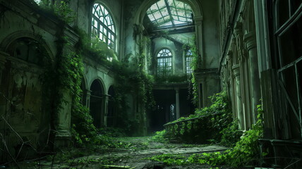 Abandoned palace castle overgrown with vegetation, ivy and vines. Empty atrium halls, no one around. Building is captured by nature and vegetation - obrazy, fototapety, plakaty