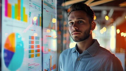 Focused Data Scientist Analyzing Trends. Close-up of a professional analyzing colorful data on a digital screen.