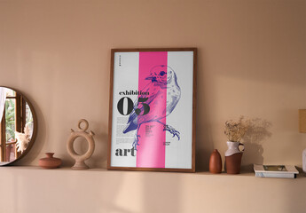 Mockup of vertical wooden poster frame on shelf, customizable