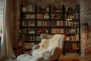 A snug and inviting reading nook with a comfortable chair adorned with a soft fur throw, surrounded by wooden bookshelves filled with books against an exposed brick wall. - obrazy, fototapety, plakaty