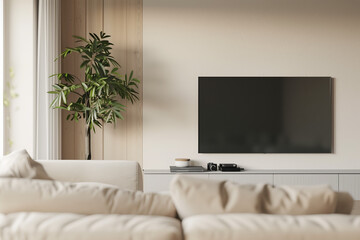 Modern Living Room with Minimalist Decor. A neatly organized living room with a wall-mounted TV and indoor plant.