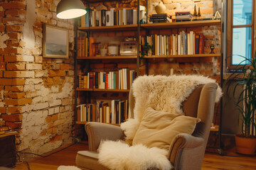 This snug reading nook, with a comfy armchair and plush throws, invites relaxation against a backdrop of a rustic brick wall and a warmly lit bookshelf full of books