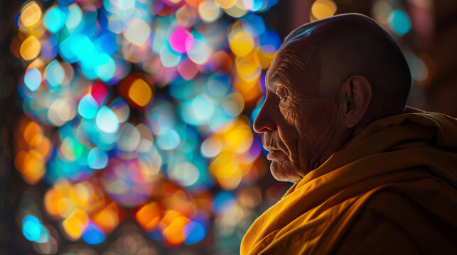 Contemplative Monk in Traditional Robes Against Vivid Bokeh. A peaceful Buddhist monk in meditation, draped in saffron robes, with a backdrop of colorful, blurred light creating a serene bokeh effect.
