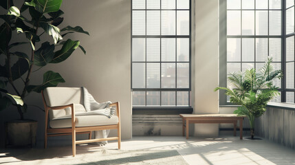 Sunny Loft Space with Urban Greenery. A side profile of a loft's living area showcasing a Scandinavian-style armchair and lush houseplants