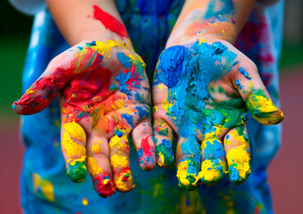 Childs Hands covered in paint with vibrant colors, creative expression.