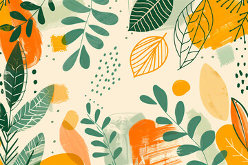 Botanical pattern with colorful leaves and brush strokes.
