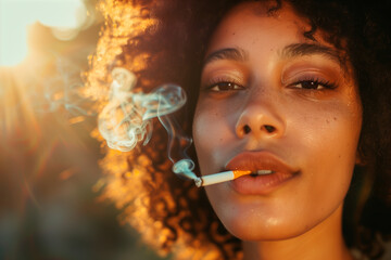 Close-up of a woman smoking a cigarette, curling smoke around her face.	