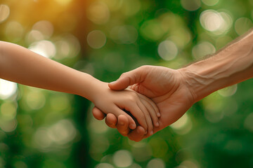 Adult hand holding child's hand. Concept of children care and parenting.
