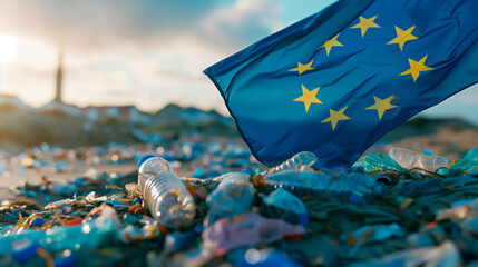 EU flag amidst plastic waste, recycling policy concept.	