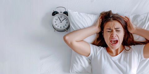 Frustrated woman in bed with alarm clock, concept of sleep disturbance.