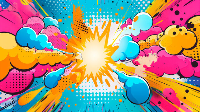 Colorful pop art comic background with explosive bubbles and dots.	