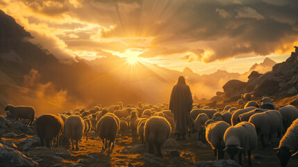 Jesus Shepherd with Flock at Sunrise in a Majestic Mountain Landscape