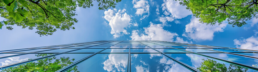 Fototapeta premium An upward view of a modern glass building embraced by vibrant green foliage, reflecting a seamless blend of nature and urban architecture against a canvas of blue sky and fluffy clouds