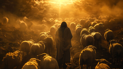 Jesus Shepherd Amidst the Flock at Dusk. Silhouetted figure with a staff stands among a vast flock of sheep in a golden sunset - obrazy, fototapety, plakaty