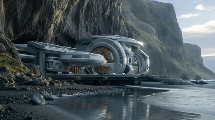 Futuristic base built into a icelandic mountain cove on the beach