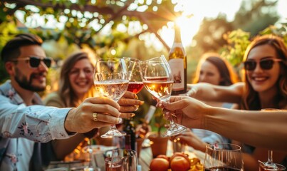Group of people clinking wine glasses together in an outdoor party