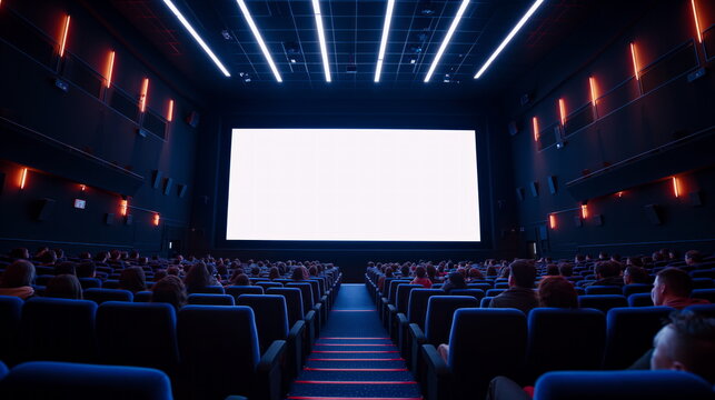 Modern cinema hall filled with audiences facing a blank widescreen, red and blue seats, ambient wall lights, and a stair aisle leading down the middle