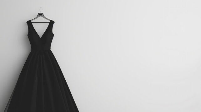 Elegant black dress on mannequin against grey background, creating a striking minimalist fashion statement with its simple yet sophisticated design