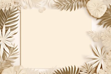 Beige frame background, tropical leaves and plants around the beige rectangle in the middle of the photo with space for text