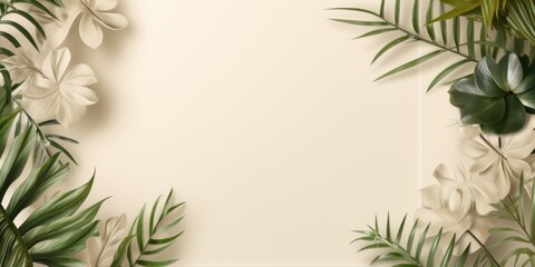 Fototapeta na wymiar Beige frame background, tropical leaves and plants around the beige rectangle in the middle of the photo with space for text