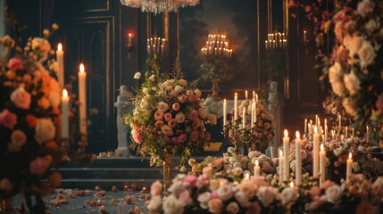 Elegant Wedding Decor, Luxurious wedding reception setup with floral arrangements and candles - obrazy, fototapety, plakaty