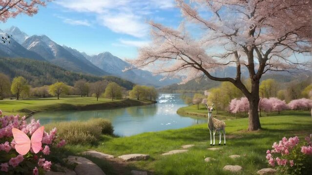 Cherry Trees in Spring Along the Riverbank with Majestic Mountain Background. Tranquil Japanese Landscape.