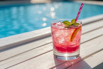 summer pink cocktail with lime near the swimming pool