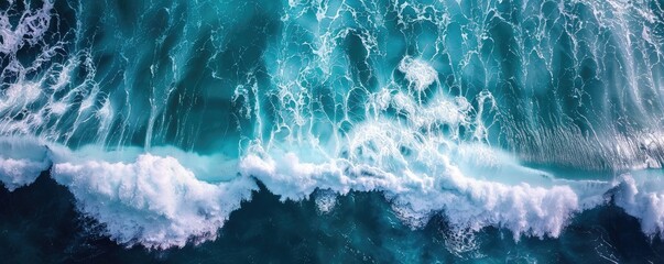 This vivid aerial shot captures the immense power and beauty of ocean waves in the sea, epitomizing nature's untamed force. - obrazy, fototapety, plakaty