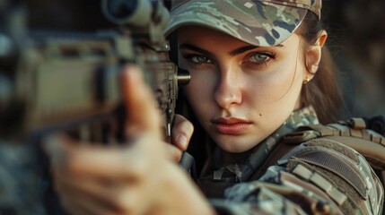 A female soldier inspecting her firearm, her face full of determination
