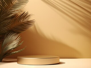 Gold background with shadows of palm leaves on a gold wall, an empty table top for product presentation. A mockup banner stand podium