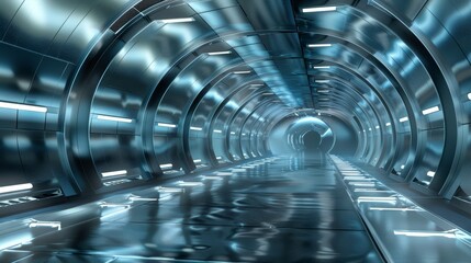 Sleek futuristic corridor with neon lighting. Sci-fi tunnel interior design with a modern metallic finish.