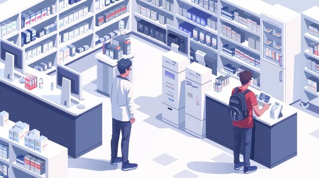 Patient and pharmacist in a drugstore. Modern illustration suitable for web banners, infographics, and hero images. Isolated white background.