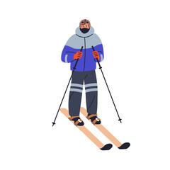 Man skier skiing on winter holiday. Active person standing, holding poles, sticks in hands. Character and outdoor sport activity in cold weather. Flat vector illustration isolated on white background - 785093356