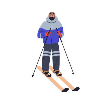 Man skier skiing on winter holiday. Active person standing, holding poles, sticks in hands. Character and outdoor sport activity in cold weather. Flat vector illustration isolated on white background