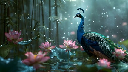 Fototapeta premium Peacock in Lotus Garden A Serene Moment Captured in Documentary Editorial Photography