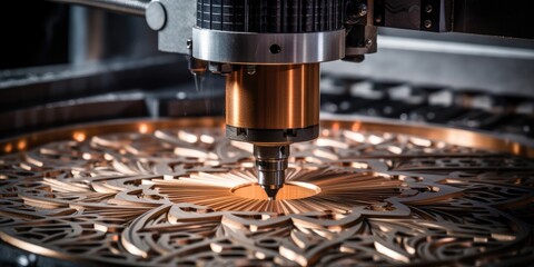 Modern CNC machinery executing laser cutting on metal sheets, a testament to advanced industrial manufacturing. - obrazy, fototapety, plakaty