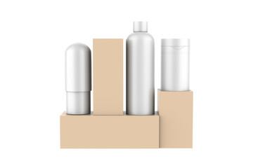 Kraft Boxes and Matte Bottles Mockup Isolated On White Background. 3d illustration