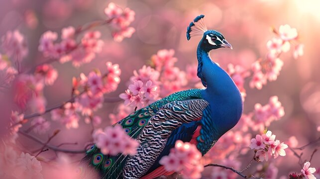 Radiant Peacock in Cherry Blossom Paradise at Dawn A Magazine Photography Showcase
