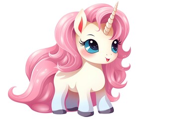 Cute cartoon unicorn with pink hair isolated on white background. Vector illustration.