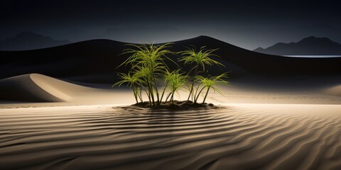 A small tree is growing in the sand. The image has a peaceful and serene mood, as the tree stands out against the vast, empty desert landscape