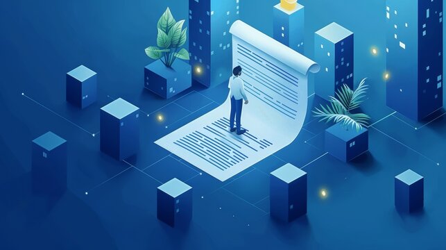 An Isometric Modern Illustration of a people character inspecting a contract document, reading the terms and conditions and reading the privacy policies. This is a flat illustration of a businessman