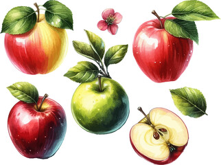 watercolor set with red and green apples and a cut apple half