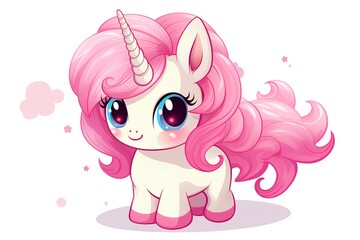 Cute cartoon unicorn with pink hair, isolated on white background. Vector illustration.