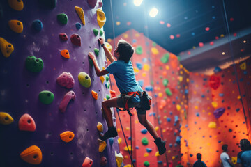 A young boy eagerly tackling a climbing wall at the gym, mastering the art of bouldering with determination.
