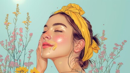 Taking care of the face and applying cosmetic serum oil. Woman massaging the face using lines. Skin care routine, hygiene and moisturizing concept. Modern illustration and icons set.